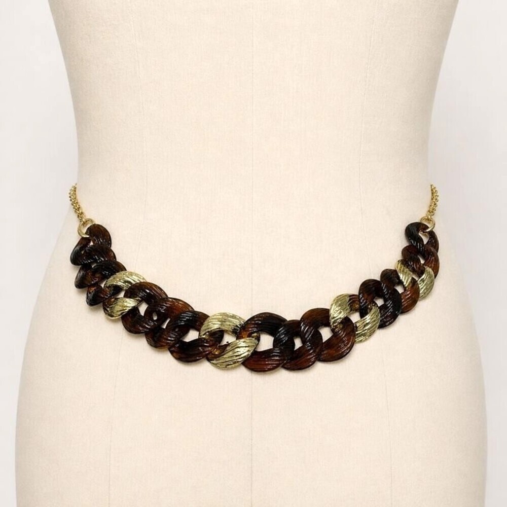 Vintage 80s 90s Tortoise Shell Chunky Link Chain Belt Gold Heart Charm 40"